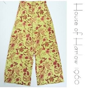 House of Harlow 1960 Floral Satin Wide Leg Palazzo Pant Chartreuse/Brick Sz M